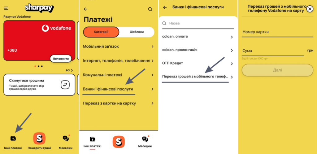 SharPay з мобільного рахунку на картку