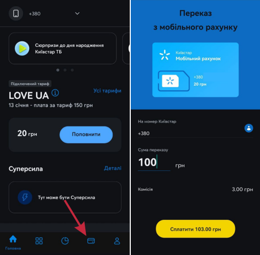My Kyivstar переказ грошей на інший рахунок