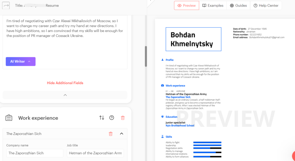 Створити резюме Kickresume
