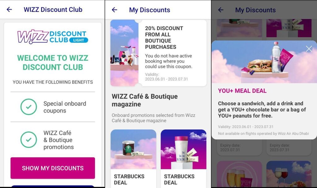 WIZZ Discount Club Light - перелік доступних знижок 