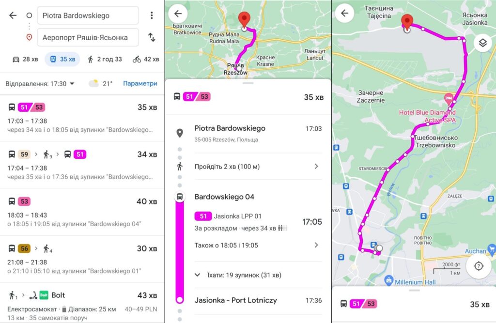 Громадський транспор Жешува. Пошук маршрутів через застосунок Google Maps