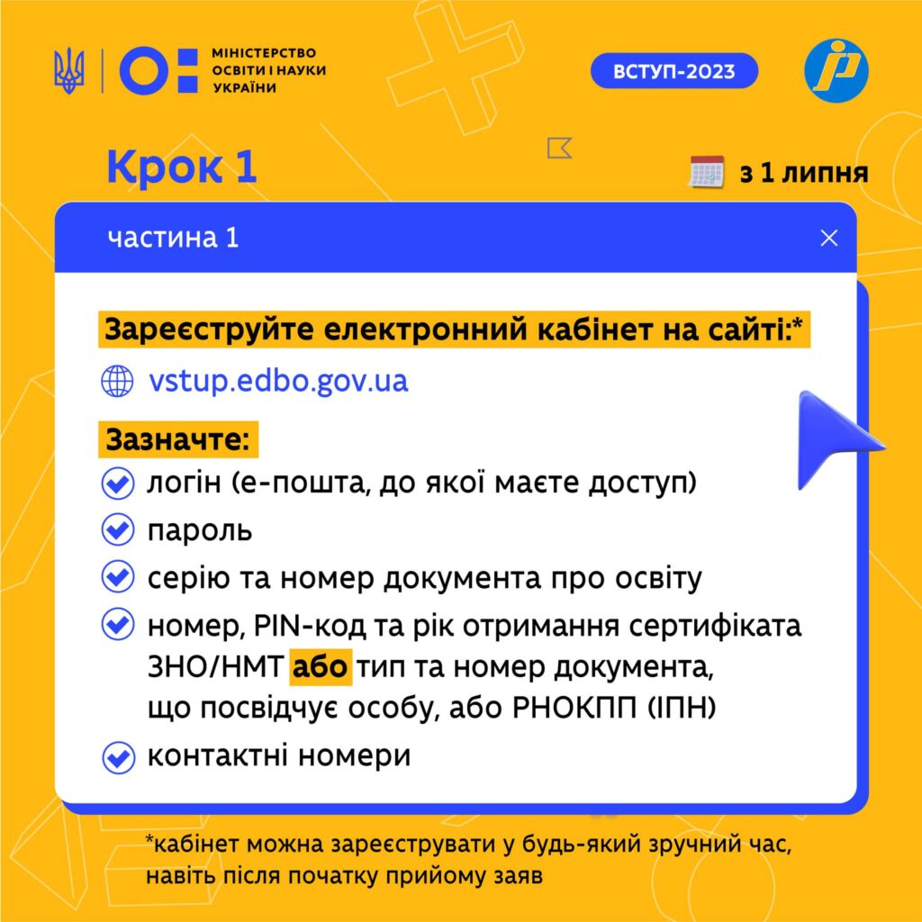 Реєстрація особистого кабінету на вступну кампанію 2023 року