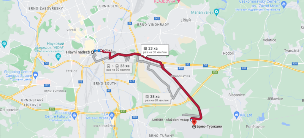 Аеропорт Брно. Маршрут автобуса Е76