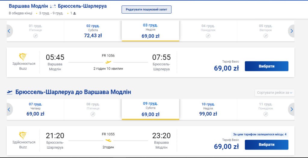 Варшава-Брюссель: дешеві авіаквитки лоукостера Ryanair
