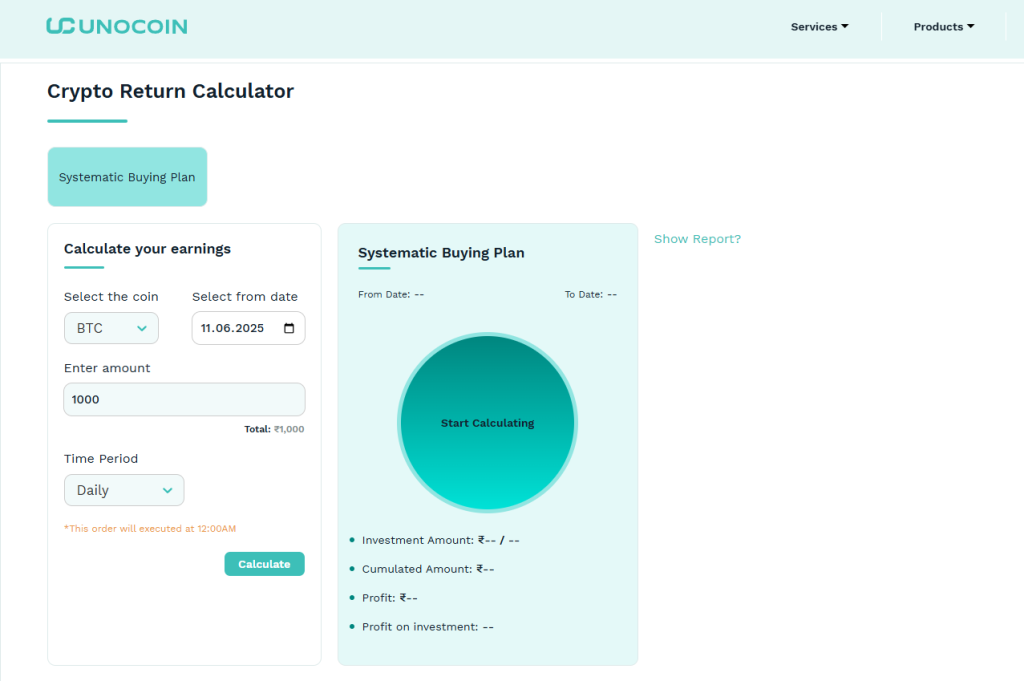 Unocoin Crypto Return Calculator