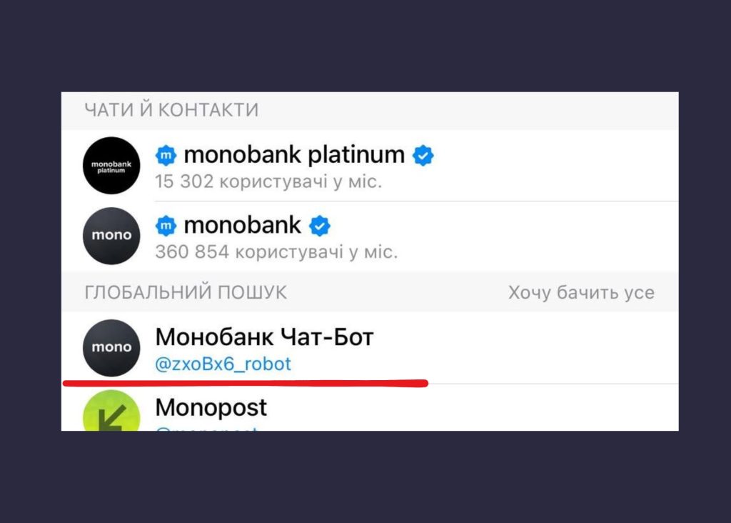 Фейкова підтримка Монобанк в Телеграм - приклад