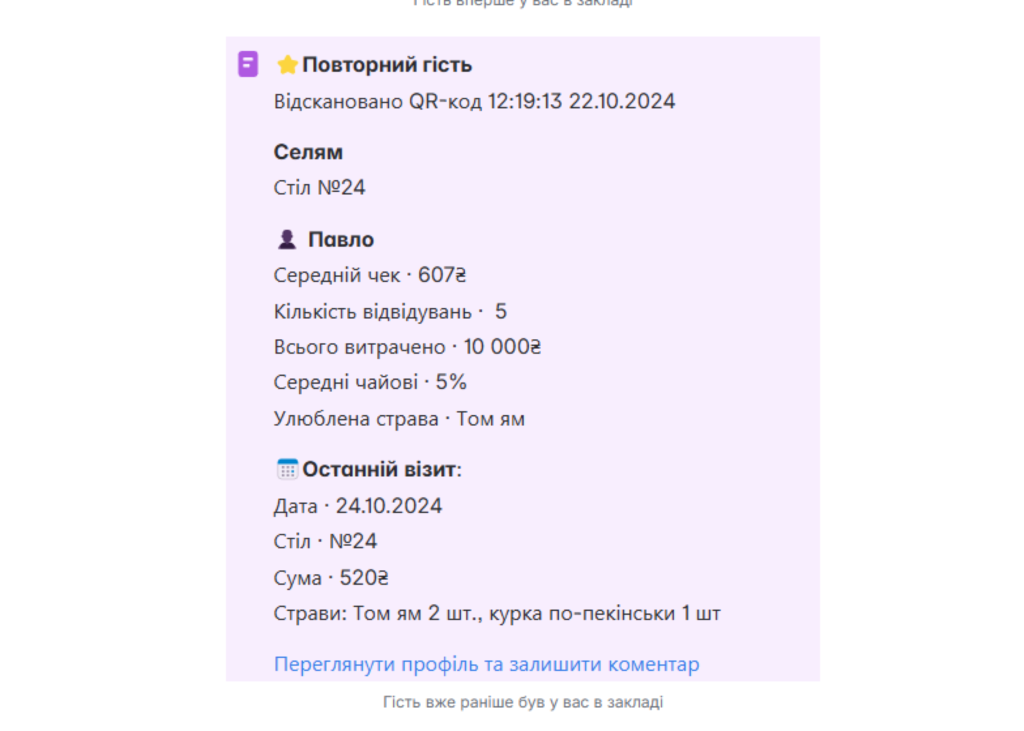 Відображення даних про відвідувача в Expirenza Business