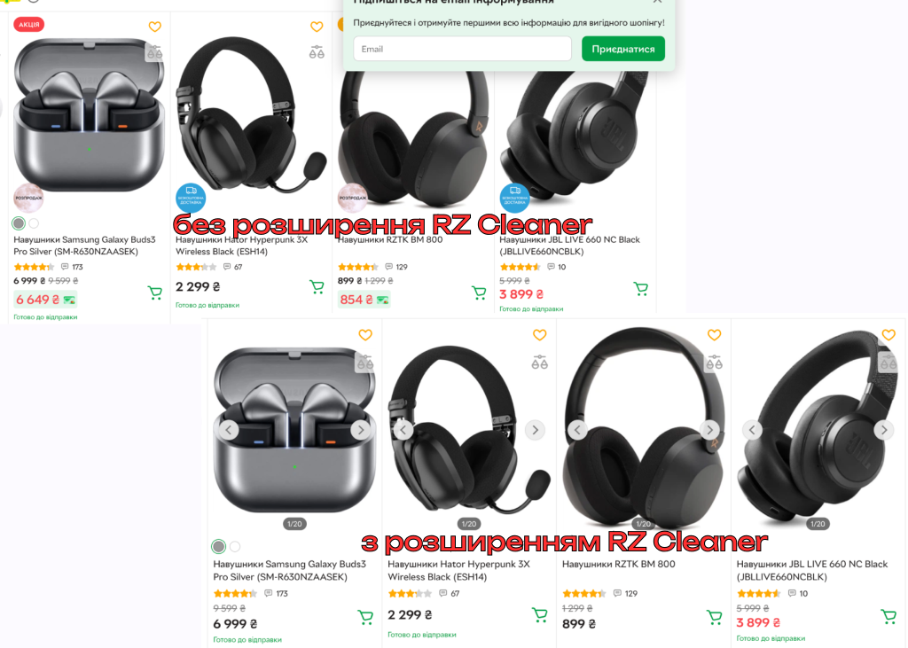 Ціни з та без розширення RZ Cleaner